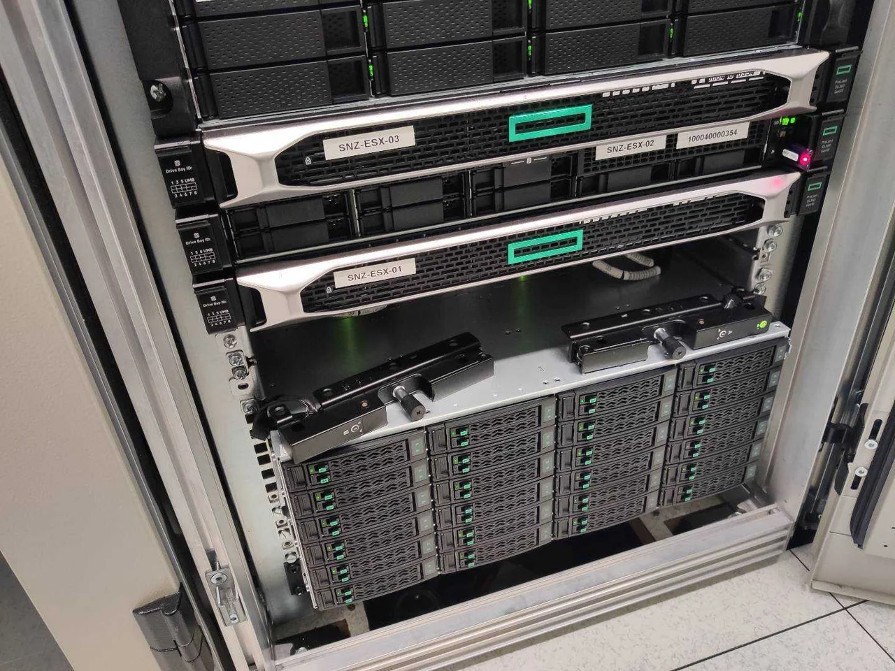 Servers and storage mounted in a rack, ready for onsite work