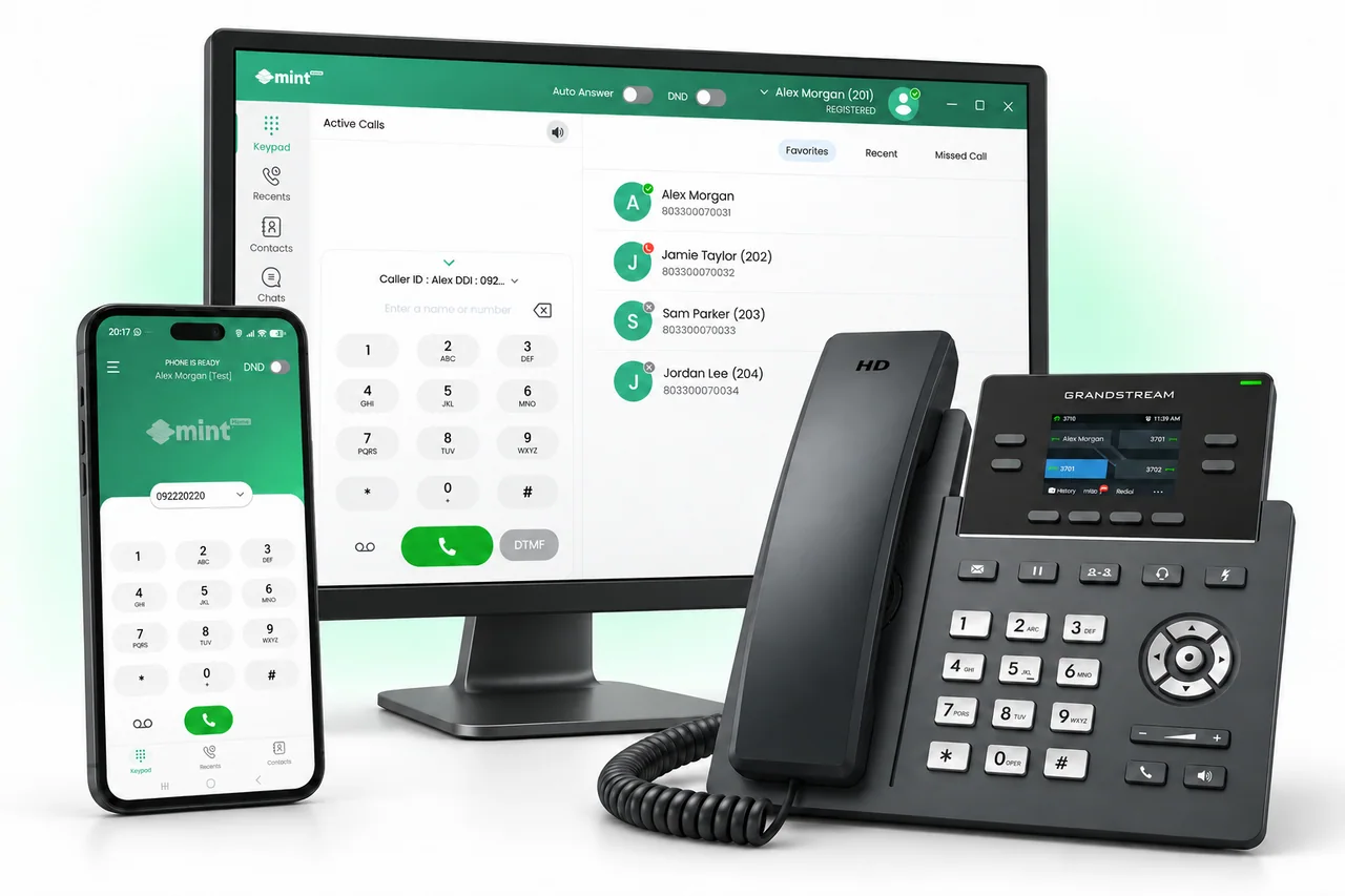 MintPhone on a computer, a mobile and a desk phone