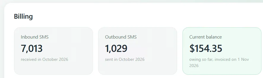 The MintTXT Billing panel showing inbound and outbound SMS counts and the current balance