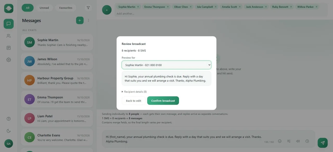 Previewing a personalised MintTXT broadcast for eight recipients