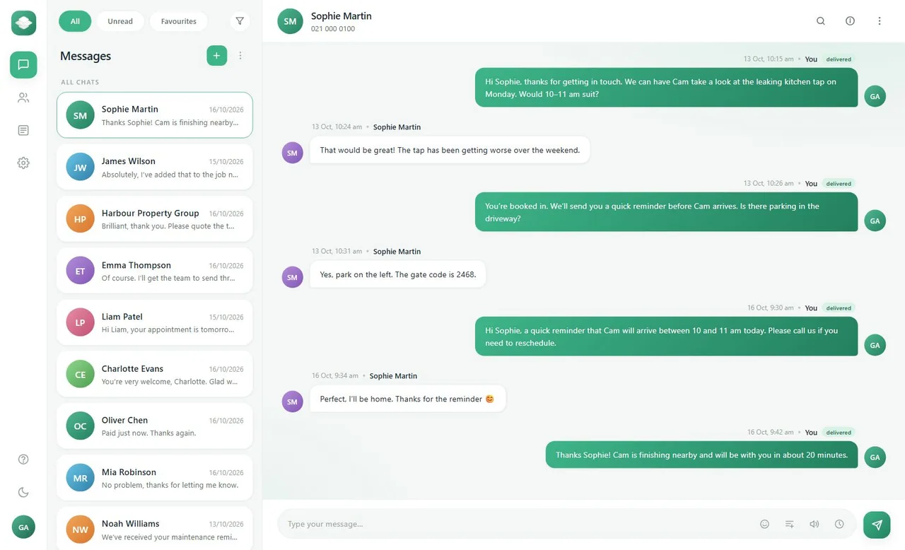 MintTXT workspace showing a customer appointment conversation and shared message inbox
